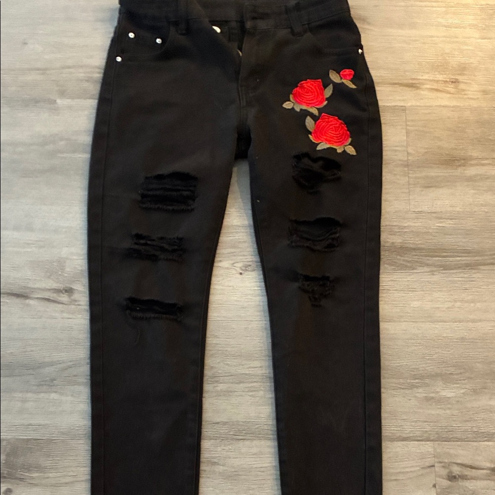 H&M Black Skinny Jeans with Red Rose Embroidery